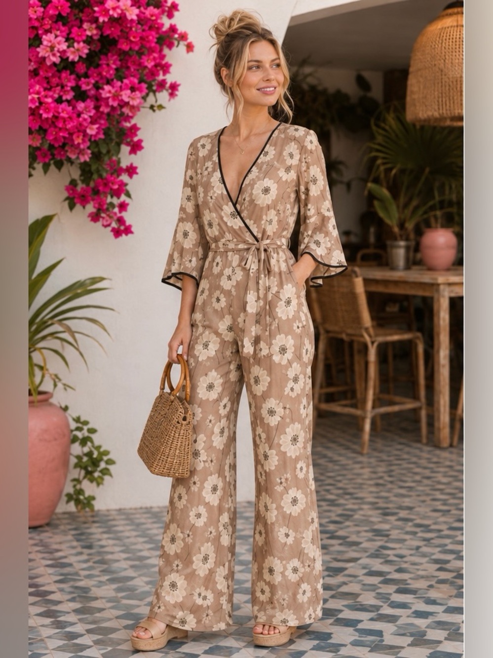 Lucca Los Angeles beige floral playsuit Small NWT #party pants #fairycore #boho